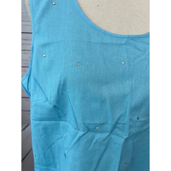Quacker Factory Sleeveless Shirt Tank Top Cami Large Linen blend Rhinestone Blue - Picture 3 of 8